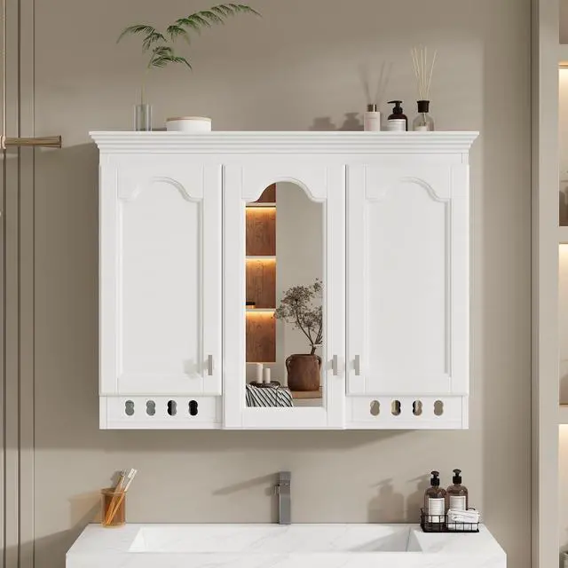 Alt view image 5 of 7 - 35 inch Wall-Mount All-in-One Mirror Cabinet with Adjustable Shelves, Soft-Closing Hinges, for Bathroom Vanity, Living Room, Bedroom Storage Organizer