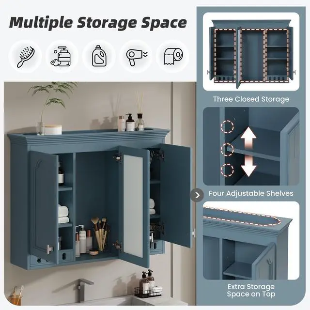 Alt view image 7 of 7 - 35 inch Wall-Mount All-in-One Mirror Cabinet with Adjustable Shelves, Soft-Closing Hinges, for Bathroom Vanity, Living Room, Bedroom Storage Organizer
