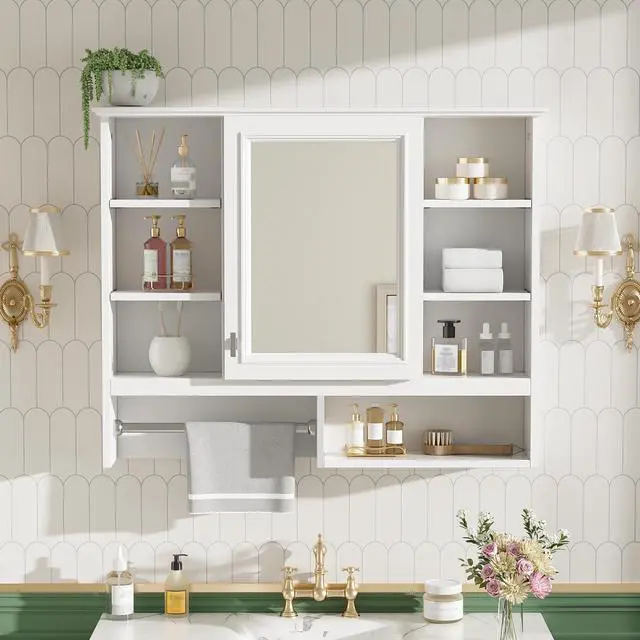 Alt view image 5 of 7 - 35 inch Wall-Mount 2-in-1 Mirror Cabinet with Adjustable Shelves, Soft-Closing Hinges, Open Shelves, for Bathroom Vanity, Living Room, Bedroom Storage Organizer