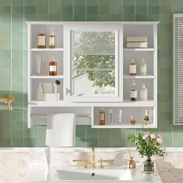 Alt view image 2 of 7 - 35 inch Wall-Mount 2-in-1 Mirror Cabinet with Adjustable Shelves, Soft-Closing Hinges, Open Shelves, for Bathroom Vanity, Living Room, Bedroom Storage Organizer