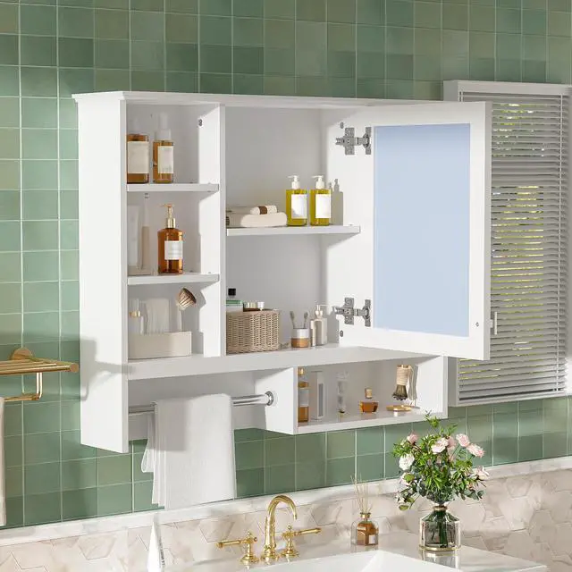 Alt view image 4 of 7 - 35 inch Wall-Mount 2-in-1 Mirror Cabinet with Adjustable Shelves, Soft-Closing Hinges, Open Shelves, for Bathroom Vanity, Living Room, Bedroom Storage Organizer