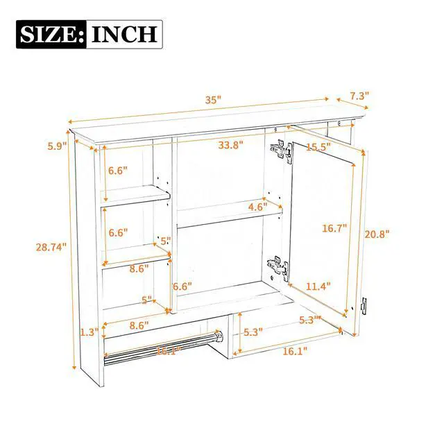 Alt view image 3 of 7 - 35 inch Wall-Mount 2-in-1 Mirror Cabinet with Adjustable Shelves, Soft-Closing Hinges, Open Shelves, for Bathroom Vanity, Living Room, Bedroom Storage Organizer