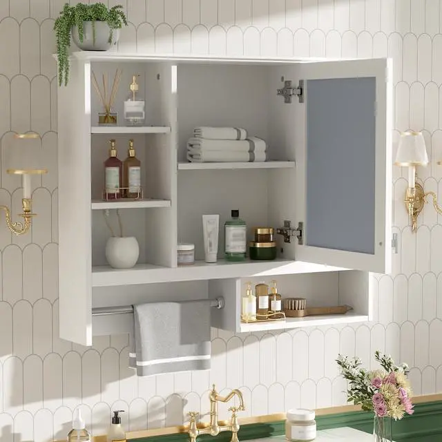 Alt view image 6 of 7 - 35 inch Wall-Mount 2-in-1 Mirror Cabinet with Adjustable Shelves, Soft-Closing Hinges, Open Shelves, for Bathroom Vanity, Living Room, Bedroom Storage Organizer
