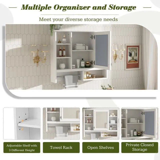 Alt view image 7 of 7 - 35 inch Wall-Mount 2-in-1 Mirror Cabinet with Adjustable Shelves, Soft-Closing Hinges, Open Shelves, for Bathroom Vanity, Living Room, Bedroom Storage Organizer