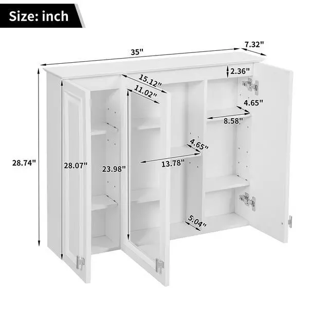 Alt view image 3 of 7 - 35 inch 2-in-1 Bathroom Wall Cabinet, Wall Mounted Medicine Cabinet with 5 Adjustable Shelves, Mirrored Door Over Toilet Storage Cabinet, White