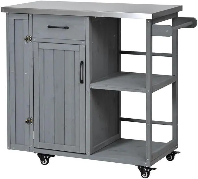 Main image of Outdoor Kitchen Island Fir Wood Prep Station Lockable Kitchen Cart with Stainless Top, Ample Storage Space, Towel and Spice Racks for Patio and Outdoor, Grey