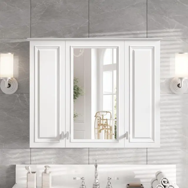 Alt view image 2 of 7 - 35 inch 2-in-1 Bathroom Wall Cabinet, Wall Mounted Medicine Cabinet with 5 Adjustable Shelves, Mirrored Door Over Toilet Storage Cabinet, White