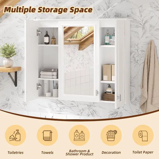 Alt view image 7 of 7 - 35 inch 2-in-1 Bathroom Wall Cabinet, Wall Mounted Medicine Cabinet with 5 Adjustable Shelves, Mirrored Door Over Toilet Storage Cabinet, White