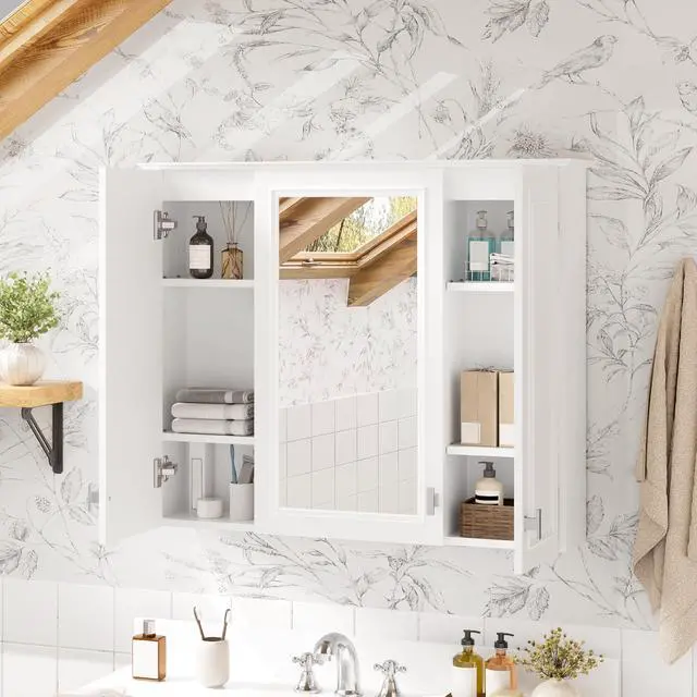 Alt view image 6 of 7 - 35 inch 2-in-1 Bathroom Wall Cabinet, Wall Mounted Medicine Cabinet with 5 Adjustable Shelves, Mirrored Door Over Toilet Storage Cabinet, White