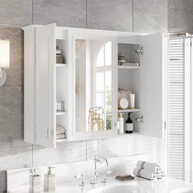 Alt view image 4 of 7 - 35 inch 2-in-1 Bathroom Wall Cabinet, Wall Mounted Medicine Cabinet with 5 Adjustable Shelves, Mirrored Door Over Toilet Storage Cabinet, White