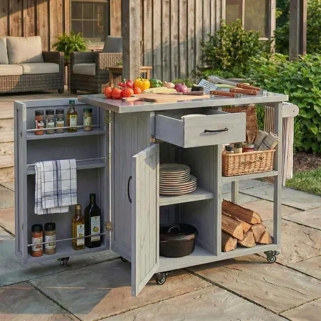 Alt view image 4 of 7 - Outdoor Kitchen Island Fir Wood Prep Station Lockable Kitchen Cart with Stainless Top, Ample Storage Space, Towel and Spice Racks for Patio and Outdoor, Grey