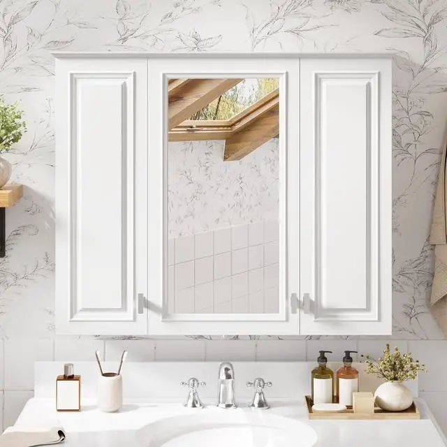Alt view image 5 of 7 - 35 inch 2-in-1 Bathroom Wall Cabinet, Wall Mounted Medicine Cabinet with 5 Adjustable Shelves, Mirrored Door Over Toilet Storage Cabinet, White
