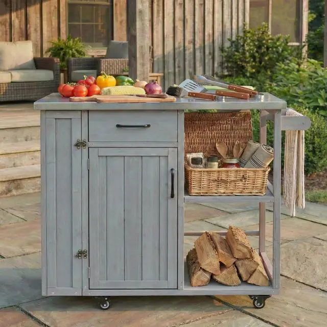 Alt view image 2 of 7 - Outdoor Kitchen Island Fir Wood Prep Station Lockable Kitchen Cart with Stainless Top, Ample Storage Space, Towel and Spice Racks for Patio and Outdoor, Grey