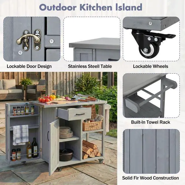 Alt view image 5 of 7 - Outdoor Kitchen Island Fir Wood Prep Station Lockable Kitchen Cart with Stainless Top, Ample Storage Space, Towel and Spice Racks for Patio and Outdoor, Grey