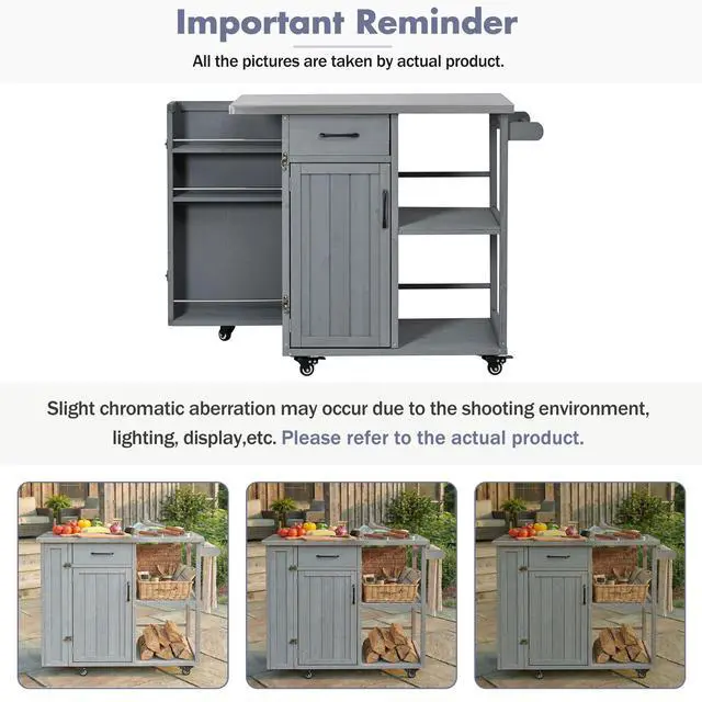 Alt view image 7 of 7 - Outdoor Kitchen Island Fir Wood Prep Station Lockable Kitchen Cart with Stainless Top, Ample Storage Space, Towel and Spice Racks for Patio and Outdoor, Grey