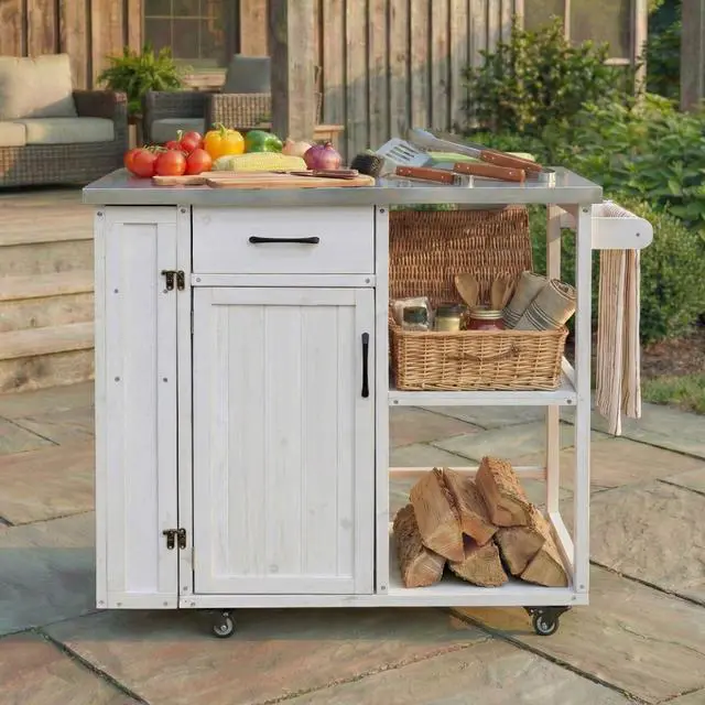 Alt view image 2 of 7 - Outdoor Kitchen Island Fir Wood Prep Station Lockable Kitchen Cart with Stainless Top, Ample Storage Space, Towel and Spice Racks for Patio and Outdoor, White