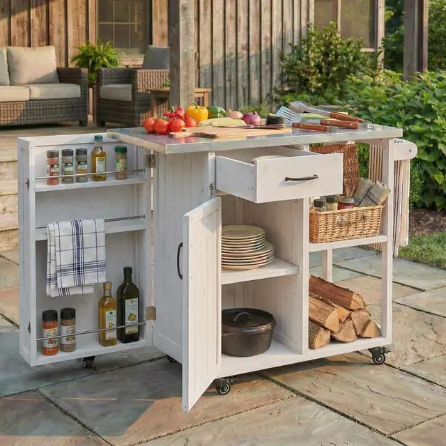 Alt view image 4 of 7 - Outdoor Kitchen Island Fir Wood Prep Station Lockable Kitchen Cart with Stainless Top, Ample Storage Space, Towel and Spice Racks for Patio and Outdoor, White