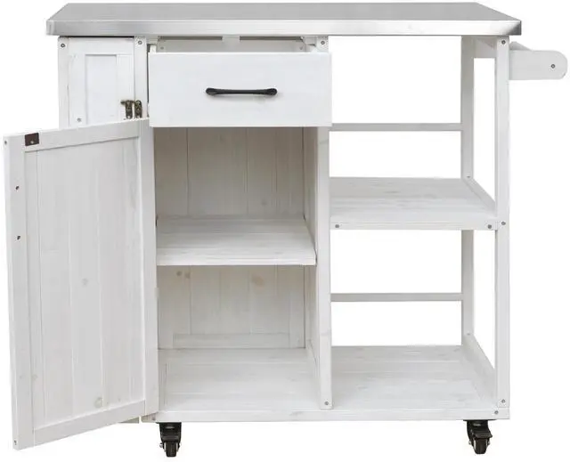 Main image of Outdoor Kitchen Island Fir Wood Prep Station Lockable Kitchen Cart with Stainless Top, Ample Storage Space, Towel and Spice Racks for Patio and Outdoor, White