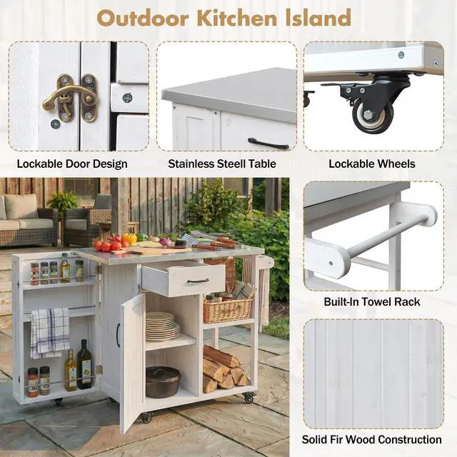 Alt view image 5 of 7 - Outdoor Kitchen Island Fir Wood Prep Station Lockable Kitchen Cart with Stainless Top, Ample Storage Space, Towel and Spice Racks for Patio and Outdoor, White