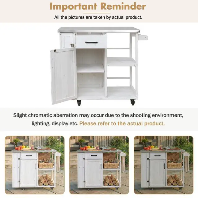 Alt view image 7 of 7 - Outdoor Kitchen Island Fir Wood Prep Station Lockable Kitchen Cart with Stainless Top, Ample Storage Space, Towel and Spice Racks for Patio and Outdoor, White