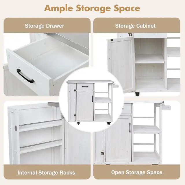 Alt view image 6 of 7 - Outdoor Kitchen Island Fir Wood Prep Station Lockable Kitchen Cart with Stainless Top, Ample Storage Space, Towel and Spice Racks for Patio and Outdoor, White