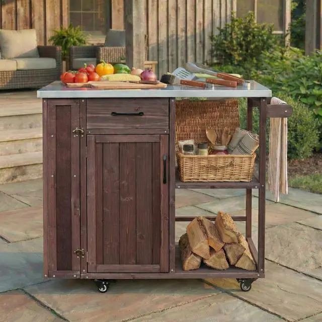 Alt view image 2 of 7 - Outdoor Kitchen Island Fir Wood Prep Station Lockable Kitchen Cart with Stainless Top, Ample Storage Space, Towel and Spice Racks for Patio and Outdoor, Dark Brown
