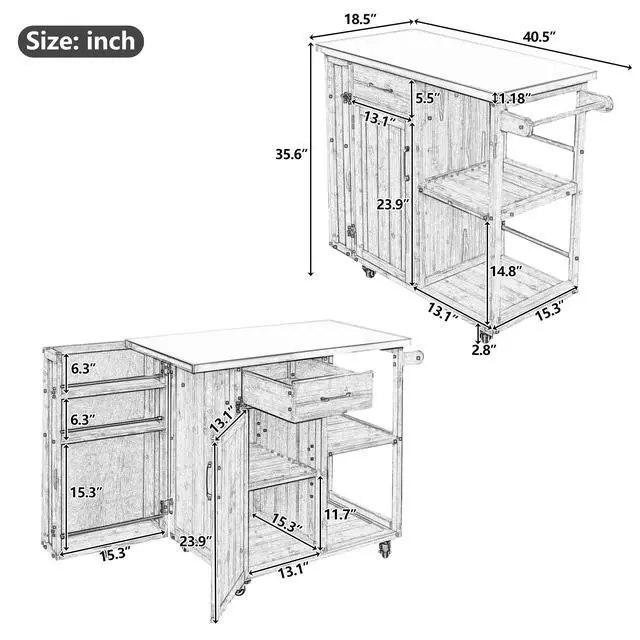 Alt view image 3 of 7 - Outdoor Kitchen Island Fir Wood Prep Station Lockable Kitchen Cart with Stainless Top, Ample Storage Space, Towel and Spice Racks for Patio and Outdoor, Dark Brown