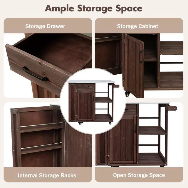 Alt view image 6 of 7 - Outdoor Kitchen Island Fir Wood Prep Station Lockable Kitchen Cart with Stainless Top, Ample Storage Space, Towel and Spice Racks for Patio and Outdoor, Dark Brown