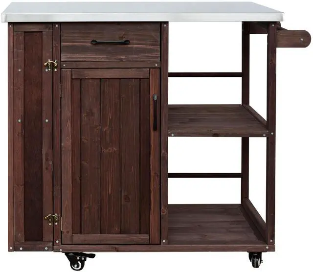 Main image of Outdoor Kitchen Island Fir Wood Prep Station Lockable Kitchen Cart with Stainless Top, Ample Storage Space, Towel and Spice Racks for Patio and Outdoor, Dark Brown