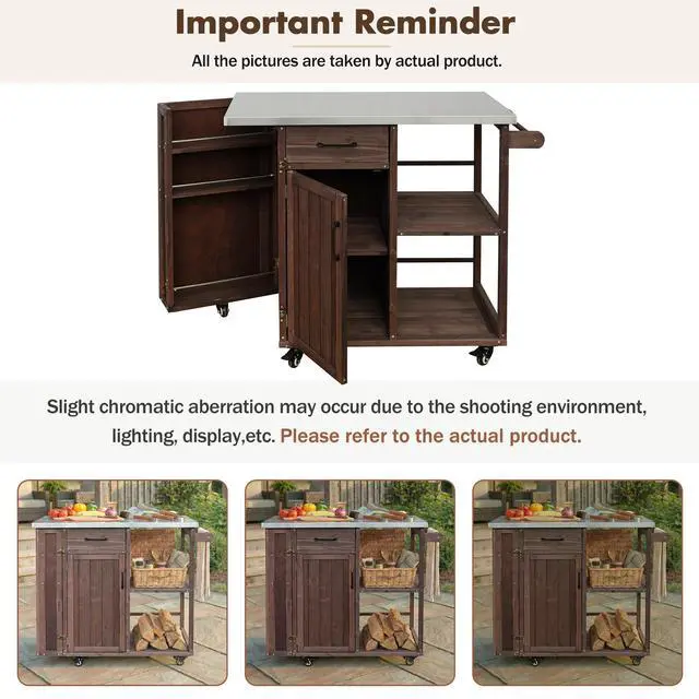 Alt view image 7 of 7 - Outdoor Kitchen Island Fir Wood Prep Station Lockable Kitchen Cart with Stainless Top, Ample Storage Space, Towel and Spice Racks for Patio and Outdoor, Dark Brown