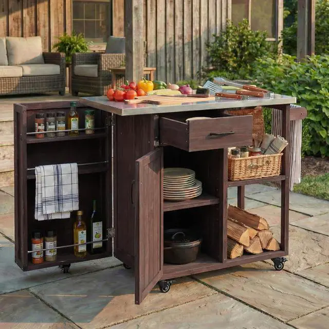 Alt view image 4 of 7 - Outdoor Kitchen Island Fir Wood Prep Station Lockable Kitchen Cart with Stainless Top, Ample Storage Space, Towel and Spice Racks for Patio and Outdoor, Dark Brown