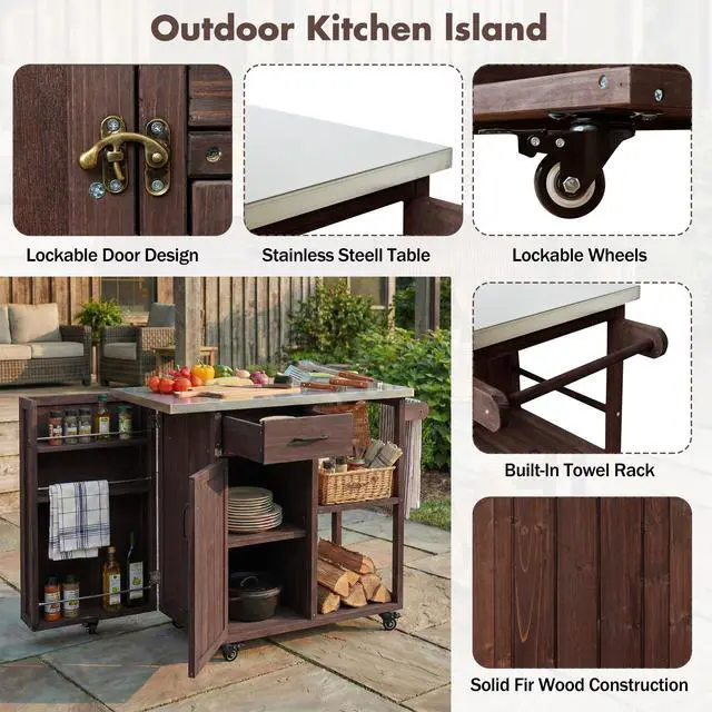 Alt view image 5 of 7 - Outdoor Kitchen Island Fir Wood Prep Station Lockable Kitchen Cart with Stainless Top, Ample Storage Space, Towel and Spice Racks for Patio and Outdoor, Dark Brown