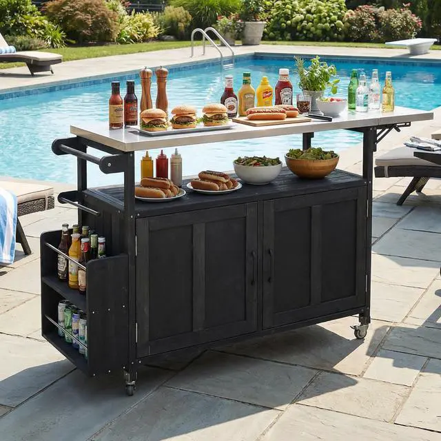 Alt view image 2 of 7 - Foldable Outdoor Kitchen Island Patio Mobile Kitchen Cart Portable Outdoor Cooking Island with Lockable Wheels, Storage Cabinet and Towel Rack for Patio and Outdoor, Black