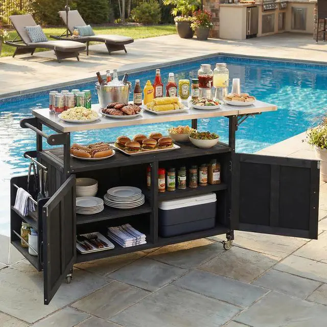 Alt view image 4 of 7 - Foldable Outdoor Kitchen Island Patio Mobile Kitchen Cart Portable Outdoor Cooking Island with Lockable Wheels, Storage Cabinet and Towel Rack for Patio and Outdoor, Black
