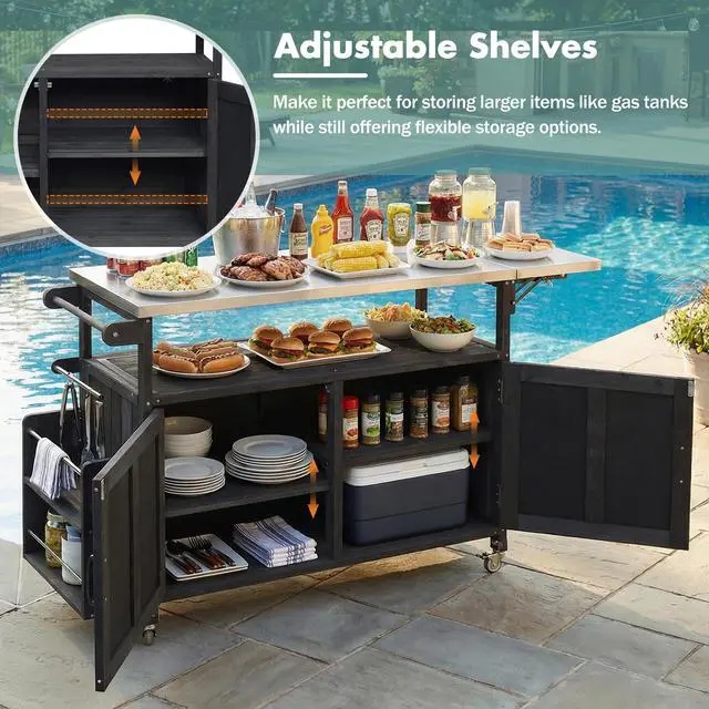 Alt view image 6 of 7 - Foldable Outdoor Kitchen Island Patio Mobile Kitchen Cart Portable Outdoor Cooking Island with Lockable Wheels, Storage Cabinet and Towel Rack for Patio and Outdoor, Black