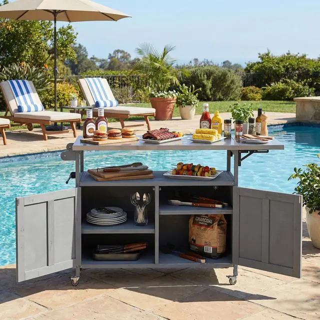 Alt view image 4 of 7 - Foldable Outdoor Kitchen Island Patio Mobile Kitchen Cart Portable Outdoor Cooking Island with Lockable Wheels, Storage Cabinet and Towel Rack for Patio and Outdoor, Grey
