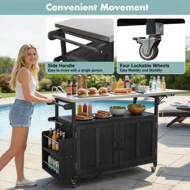 Alt view image 7 of 7 - Foldable Outdoor Kitchen Island Patio Mobile Kitchen Cart Portable Outdoor Cooking Island with Lockable Wheels, Storage Cabinet and Towel Rack for Patio and Outdoor, Black