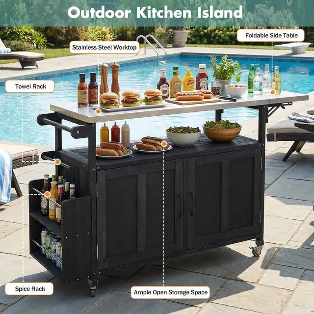Alt view image 5 of 7 - Foldable Outdoor Kitchen Island Patio Mobile Kitchen Cart Portable Outdoor Cooking Island with Lockable Wheels, Storage Cabinet and Towel Rack for Patio and Outdoor, Black