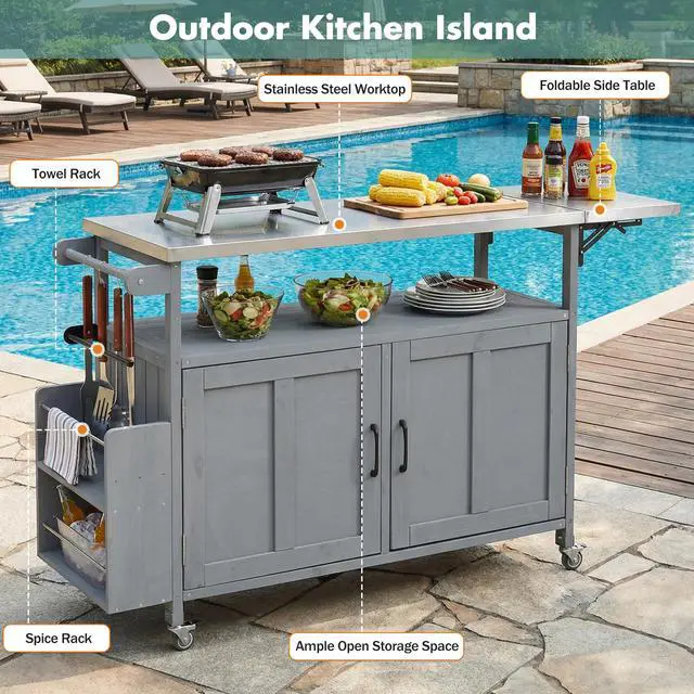 Alt view image 5 of 7 - Foldable Outdoor Kitchen Island Patio Mobile Kitchen Cart Portable Outdoor Cooking Island with Lockable Wheels, Storage Cabinet and Towel Rack for Patio and Outdoor, Grey