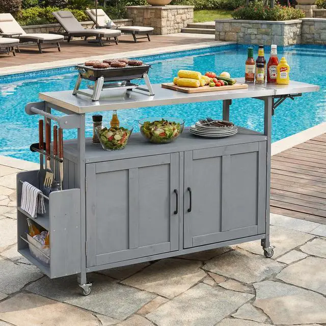 Alt view image 2 of 7 - Foldable Outdoor Kitchen Island Patio Mobile Kitchen Cart Portable Outdoor Cooking Island with Lockable Wheels, Storage Cabinet and Towel Rack for Patio and Outdoor, Grey