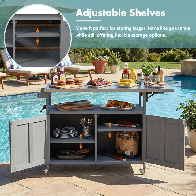 Alt view image 6 of 7 - Foldable Outdoor Kitchen Island Patio Mobile Kitchen Cart Portable Outdoor Cooking Island with Lockable Wheels, Storage Cabinet and Towel Rack for Patio and Outdoor, Grey