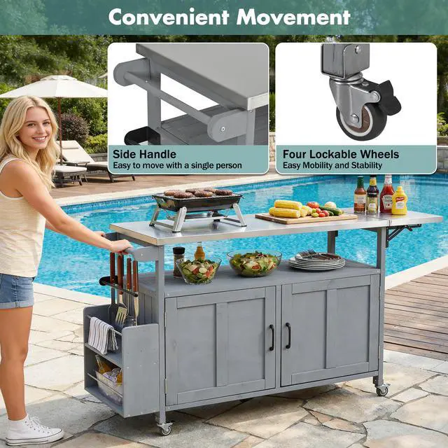 Alt view image 7 of 7 - Foldable Outdoor Kitchen Island Patio Mobile Kitchen Cart Portable Outdoor Cooking Island with Lockable Wheels, Storage Cabinet and Towel Rack for Patio and Outdoor, Grey