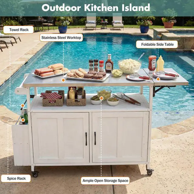 Alt view image 5 of 7 - Foldable Outdoor Kitchen Island Patio Mobile Kitchen Cart Portable Outdoor Cooking Island with Lockable Wheels, Storage Cabinet and Towel Rack for Patio and Outdoor, White