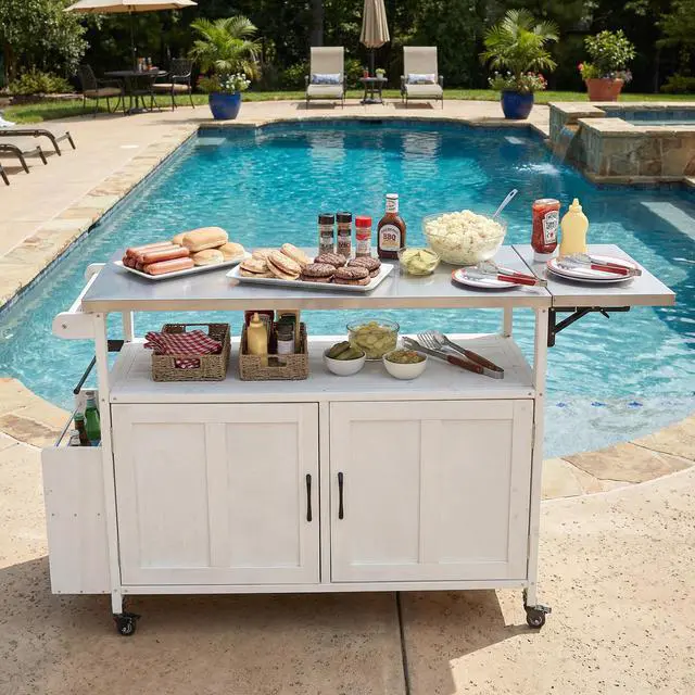 Alt view image 2 of 7 - Foldable Outdoor Kitchen Island Patio Mobile Kitchen Cart Portable Outdoor Cooking Island with Lockable Wheels, Storage Cabinet and Towel Rack for Patio and Outdoor, White