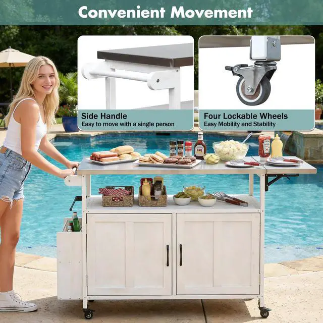 Alt view image 7 of 7 - Foldable Outdoor Kitchen Island Patio Mobile Kitchen Cart Portable Outdoor Cooking Island with Lockable Wheels, Storage Cabinet and Towel Rack for Patio and Outdoor, White