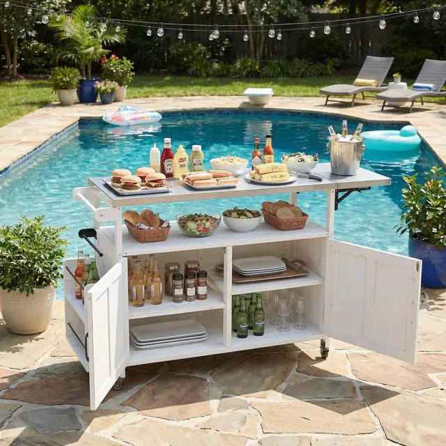 Alt view image 4 of 7 - Foldable Outdoor Kitchen Island Patio Mobile Kitchen Cart Portable Outdoor Cooking Island with Lockable Wheels, Storage Cabinet and Towel Rack for Patio and Outdoor, White