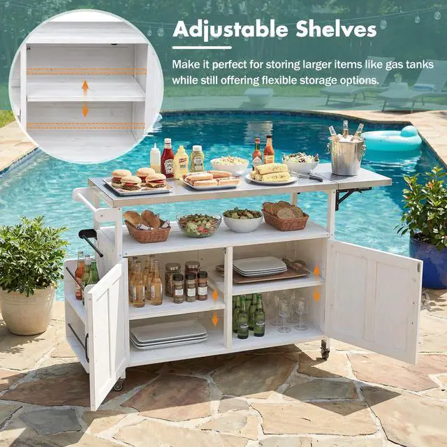 Alt view image 6 of 7 - Foldable Outdoor Kitchen Island Patio Mobile Kitchen Cart Portable Outdoor Cooking Island with Lockable Wheels, Storage Cabinet and Towel Rack for Patio and Outdoor, White