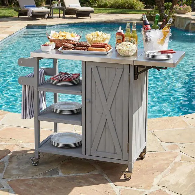 Alt view image 2 of 7 - Foldable Outdoor Kitchen Island Patio Kitchen Island Outdoor Kitchen Cart Portable Prep Station with Lockable Wheels, Storage Cabinet and Towel Rack for Patio and Outdoor, Grey