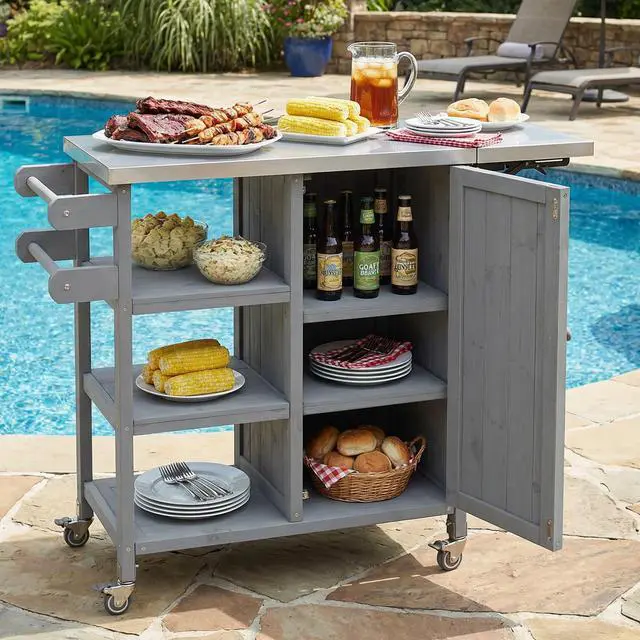 Alt view image 4 of 7 - Foldable Outdoor Kitchen Island Patio Kitchen Island Outdoor Kitchen Cart Portable Prep Station with Lockable Wheels, Storage Cabinet and Towel Rack for Patio and Outdoor, Grey