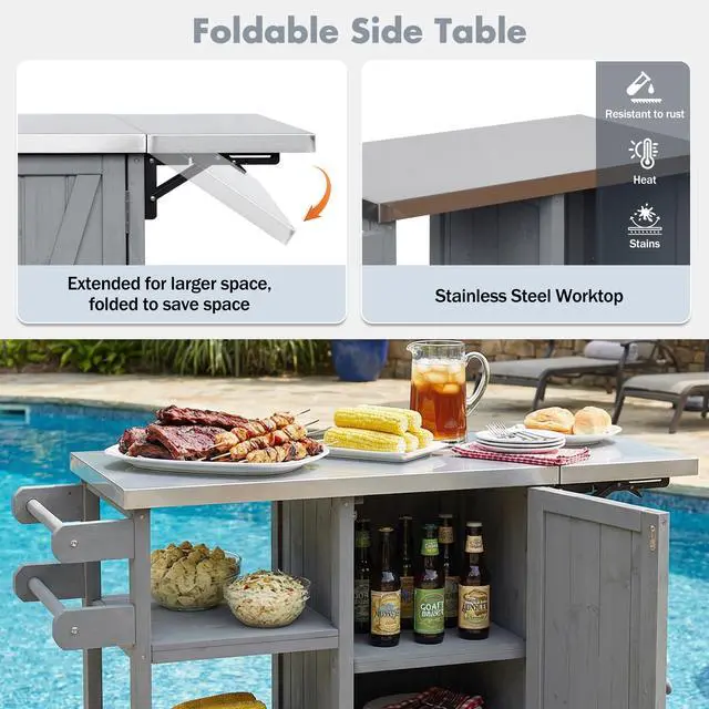 Alt view image 5 of 7 - Foldable Outdoor Kitchen Island Patio Kitchen Island Outdoor Kitchen Cart Portable Prep Station with Lockable Wheels, Storage Cabinet and Towel Rack for Patio and Outdoor, Grey